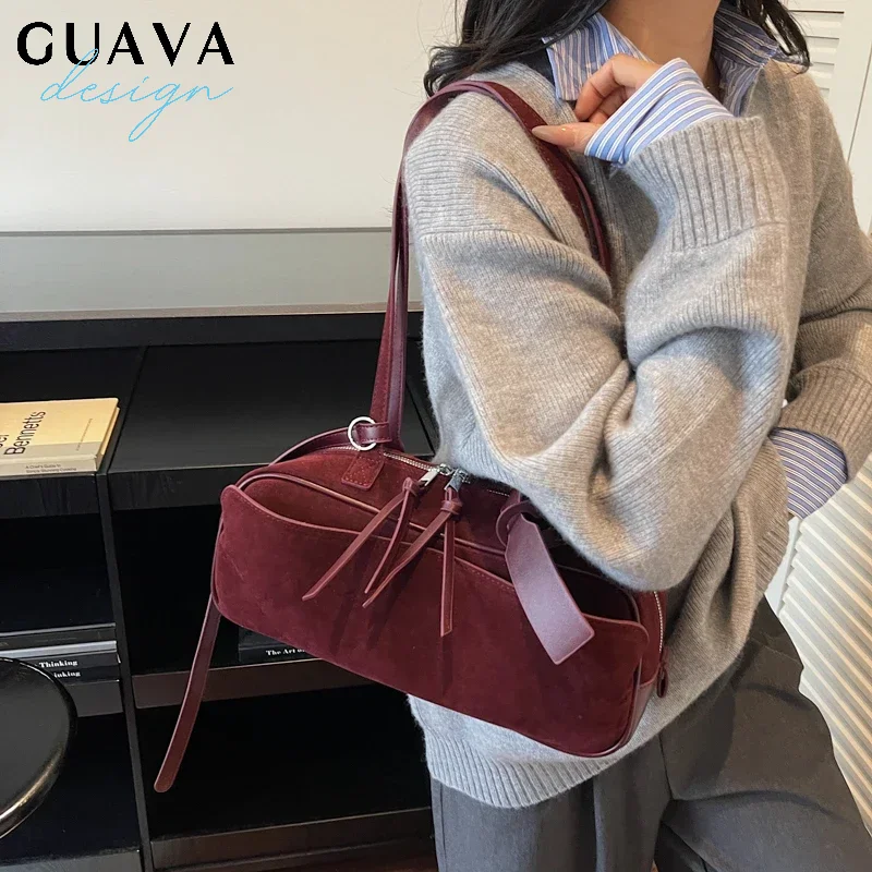 

Retro Red Suede Wedding Shoulder Bag Luxury Designer Women Versatile Underarm Bags Elegant Female Large Capacity Handbags