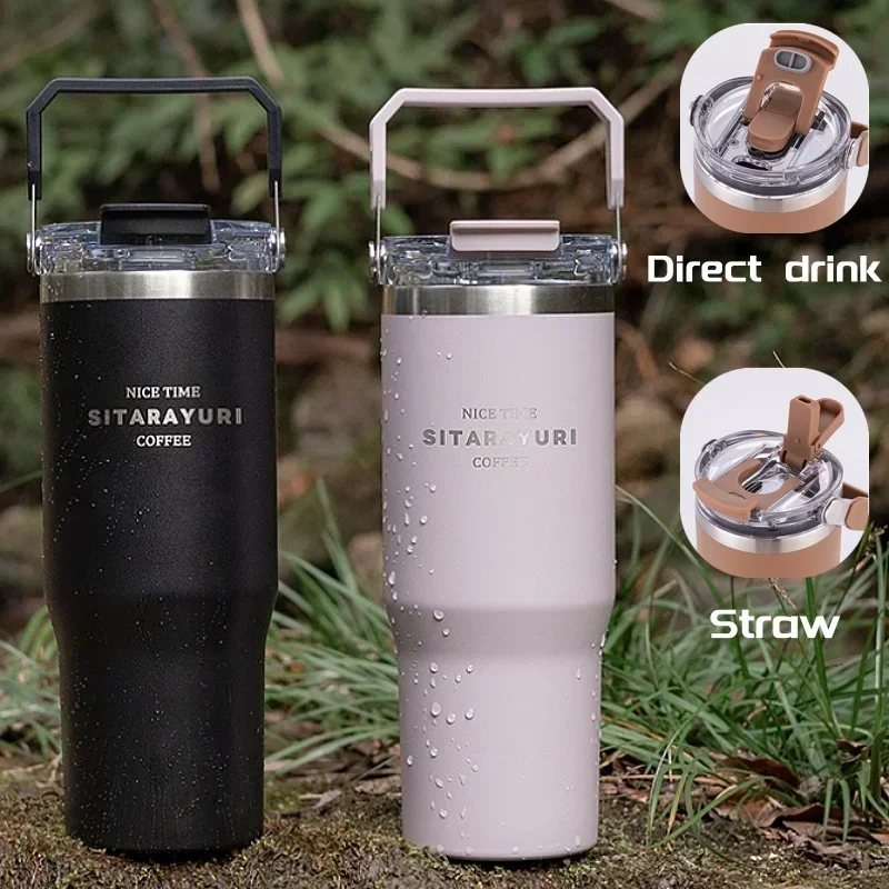 Stainless Steel Tumbler with Straw Insulated Thermos Coffee Cup with Handle Water Bottle Travel Car Cups Copo Termo 30oz