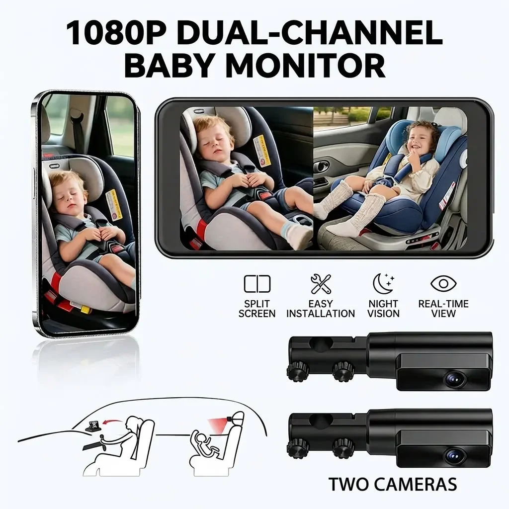 6.5 Inch Touchscreen Baby Car Monitor 2 Channel 1080P DVR Video Record Night Vision Camera for Rear Facing Infant Car Seat
