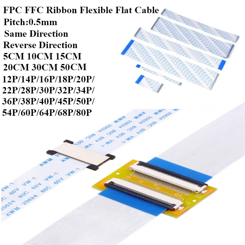 10Pcs FPC/FFC Ribbon Flexible Flat Cable 12-30/32/34/36/38/40-60-80 Pin Pitch 0.5MM Wire 5/10/15/20/30/50cm Flat Flexible Cable
