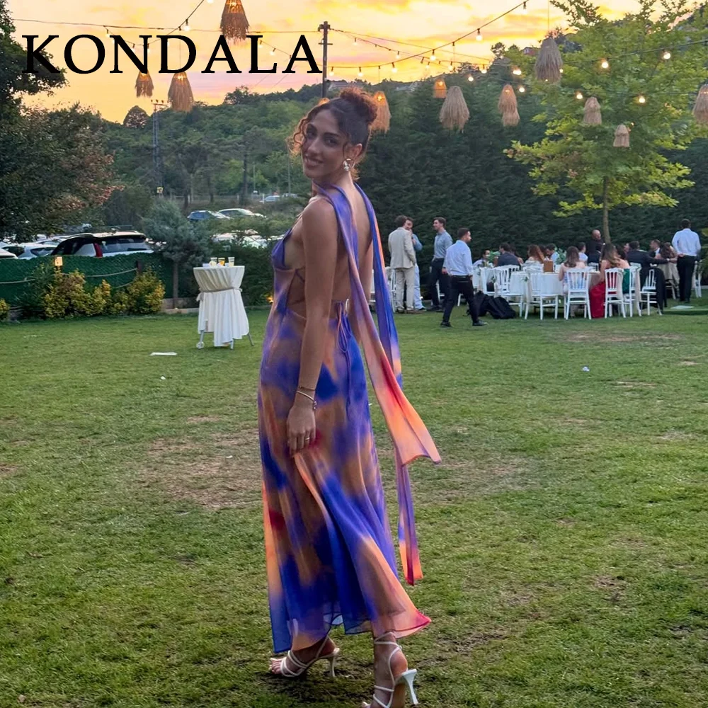 فساتين KONDALA لخريف وشتاء 2025 أنيقة للنساء بياقة وشاح فساتين عصرية مثيرة مطبوعة ضيقة مكشوفة الكتف فساتين كامي للسيدات