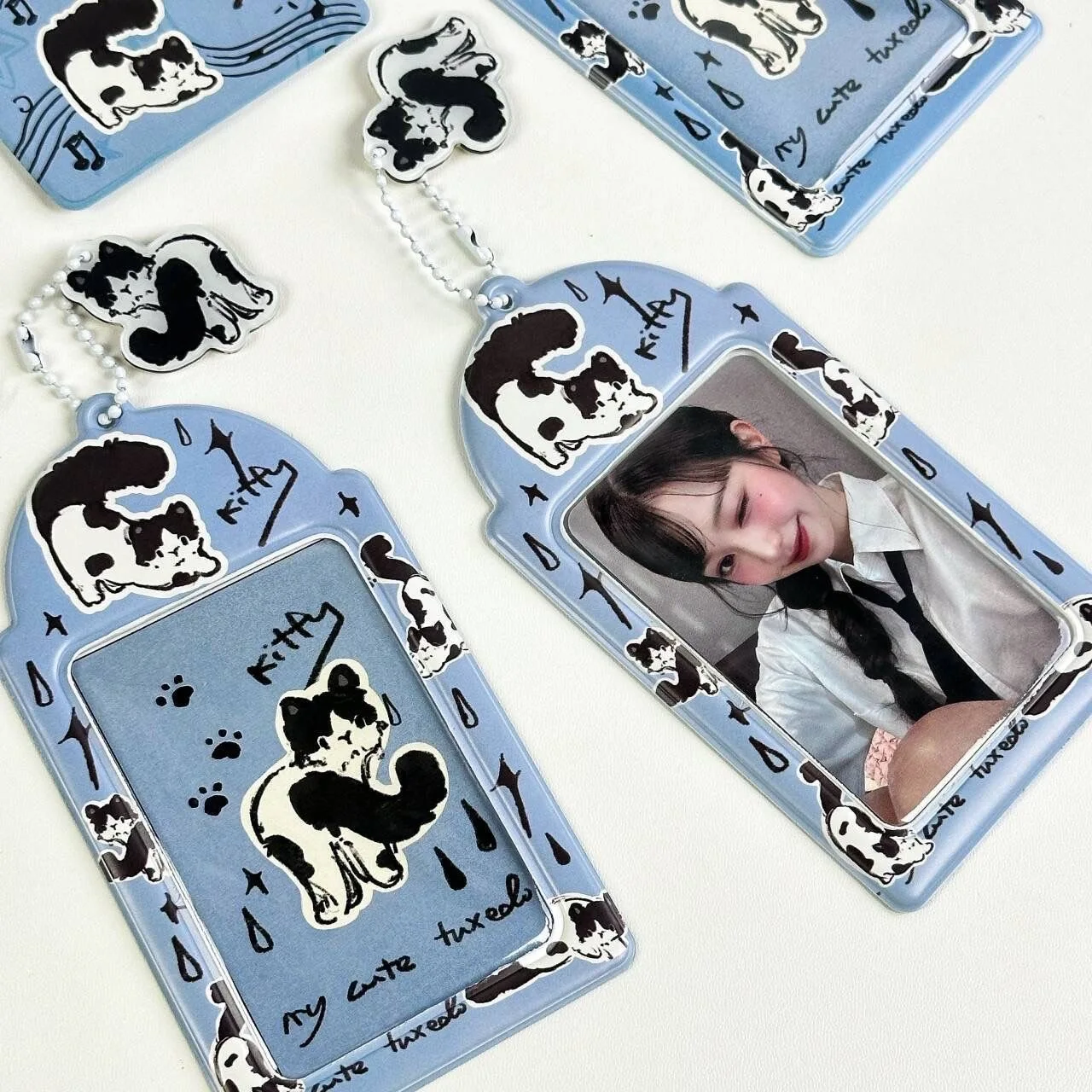 1PC Cute Cat 3 Inches Kpop Photocard Holder with Keychains PVC Idol Card Protective Sleeves Bag Pendant School Stationery 포카홀더