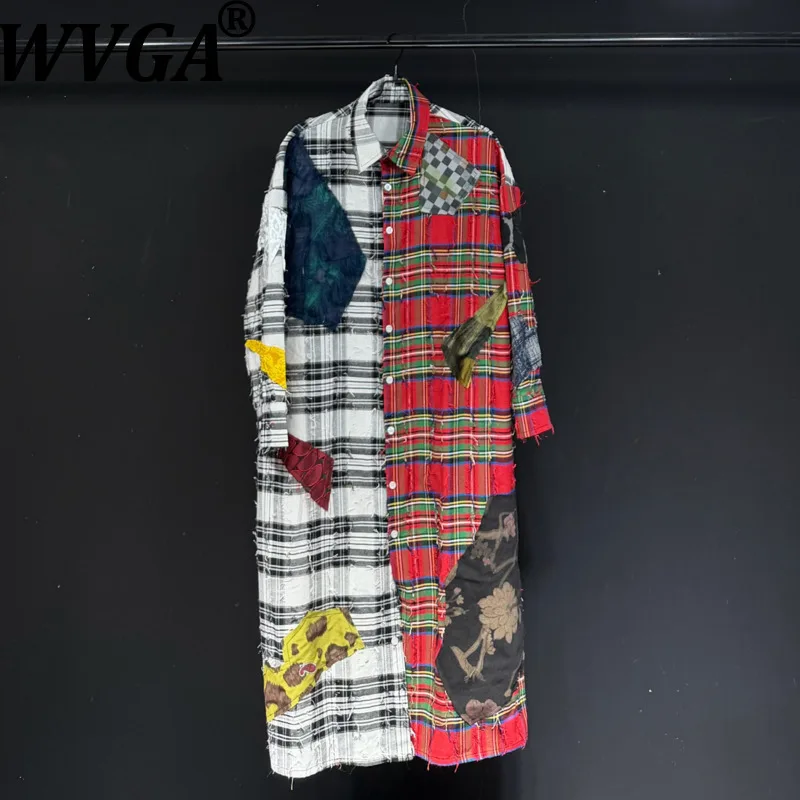 

Мужская рубашка WVGA с длинным рукавом, весна-осень, новая коллекция, модный дизайн в стиле пэчворк и клетку, трендовая, повседневная, с эффектом потертости, в стиле панк, модель W20480