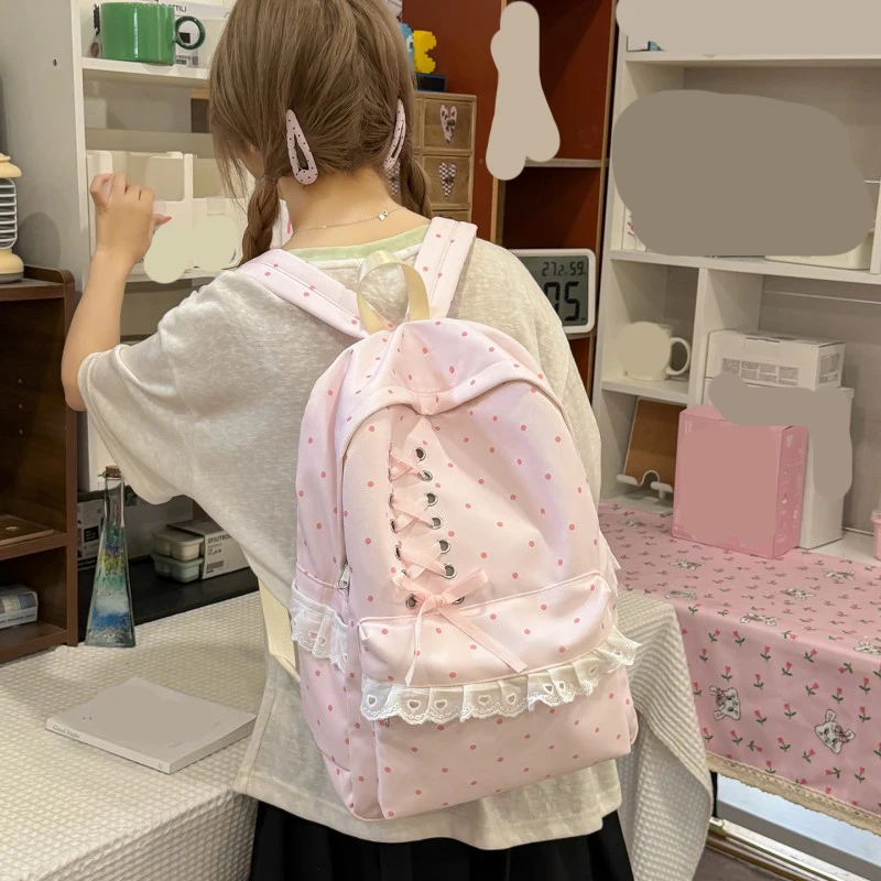 Women Trendy Dot Pattern Bag with Compartments Multi Pockets Bowknot Daypack Soft Stylish Rucksack Commute Studying Pouch