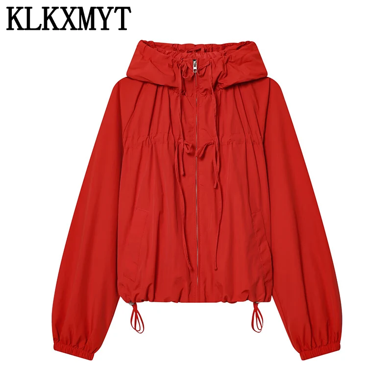

Женские короткие пальто KLKXMYT с капюшоном и длинными рукавами в уличном стиле, новинка 2026 года, повседневная верхняя одежда для женщин с завязками ﻿