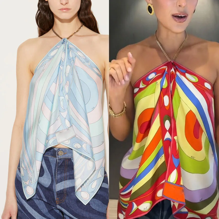 2025 Primavera Estate Nuovo Halter Neck Posizionamento stampato senza spalline INS Allentato Vacation Party Backless Satin