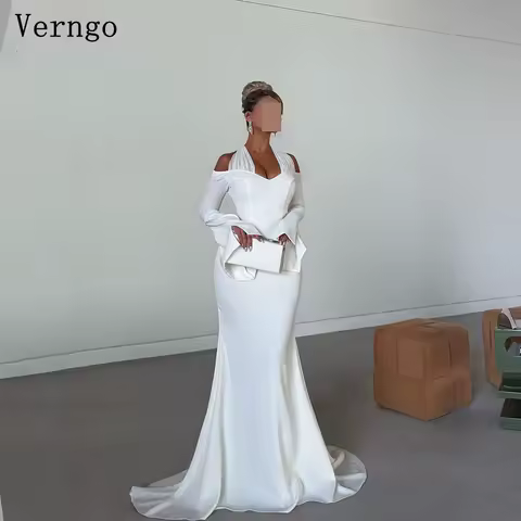 Verngo White Crepe Evening Dress Halter Mermaid Full Sleeves Arabia Formal Occaion Dress Elegant Prom Gowns Customized