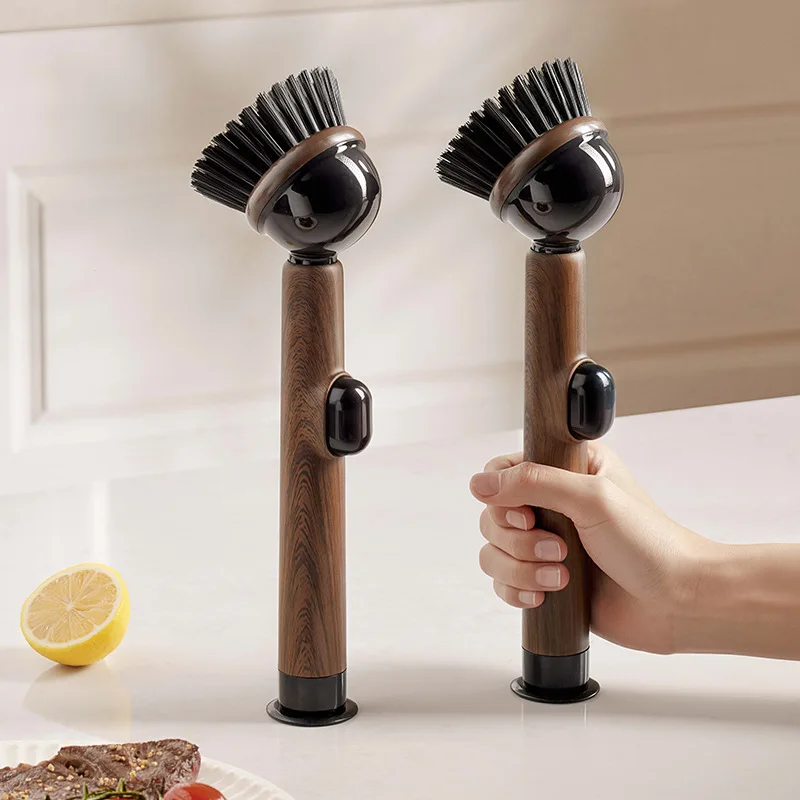 1/2pcs Wood Grain Suction Cup Self Standing Liquid Dispensing Pot Brush Long Handle Non Scratch Kitchen Scrubber