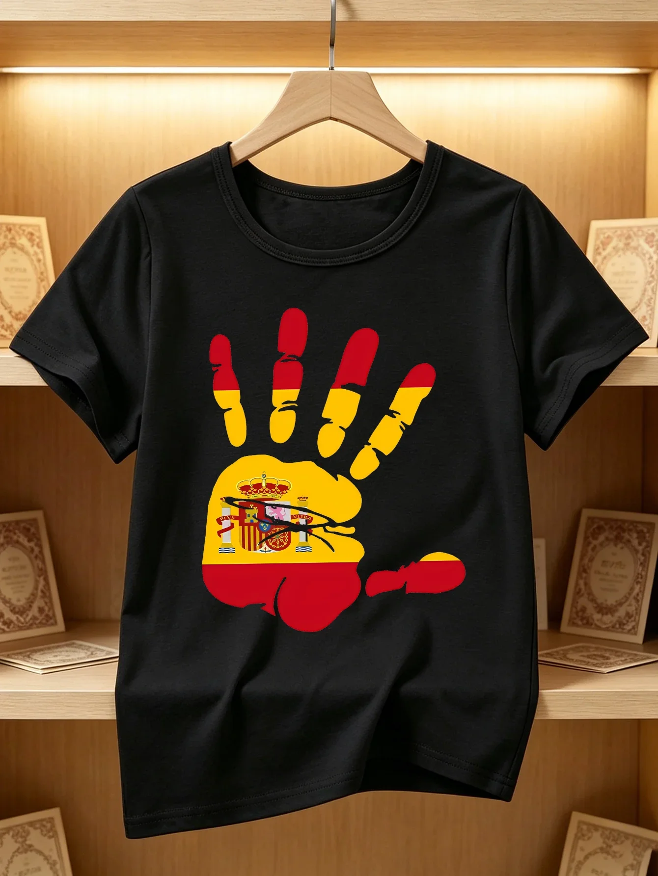 Spanish Flag Hand Silhouette With Coat Of Arms Graphic Kids T Shirt Short Sleeve Round Neck Summer Tops For Boys Girls