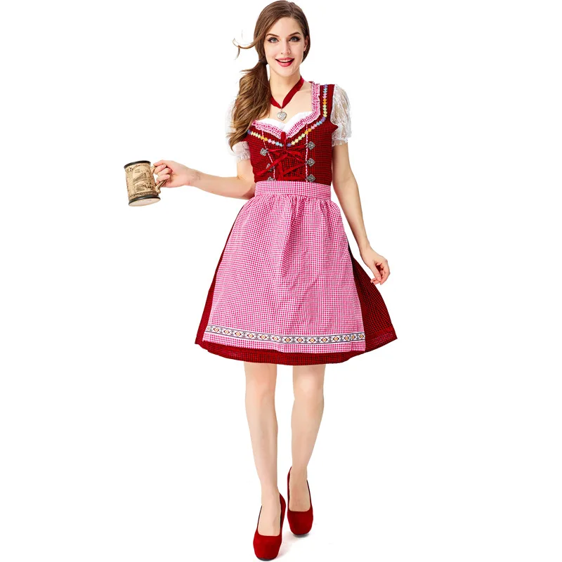 German Oktoberfest Women  Red Plaid Dirndl Costume Beer Maid Cosplay Tavern Wench Waitress Apron Outfit Halloween Party Dress