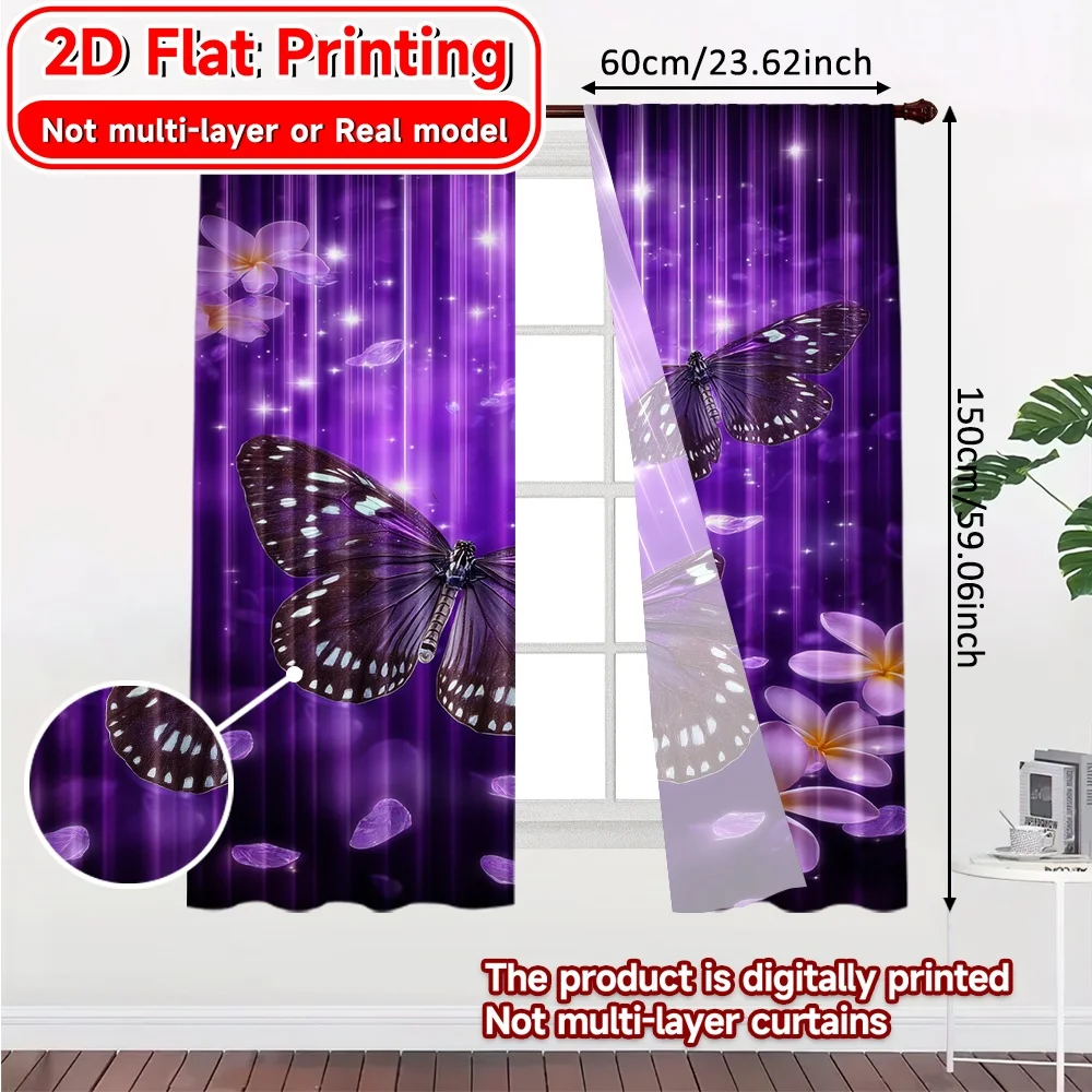 2D FLAT PRINTING 2pcs Curtains (Without Rod) Purple Butterfly Celebration Saint Patrick is Day Festival Chic Print Curtains