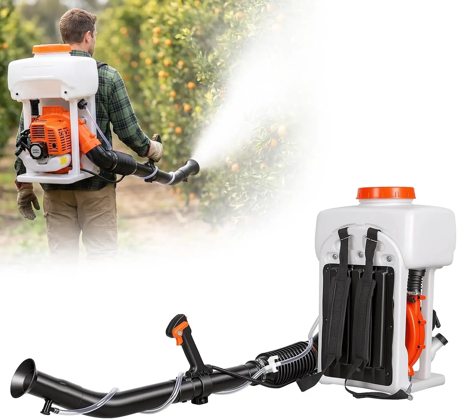 43cc Gas-Powered Backpack Fogger Garden Sprayer with 3.7 Gallon Tank, Ergonomic Padded Straps, Efficient Insect Control and Large-Area Crop Protection for Farming and Lawn Spraying