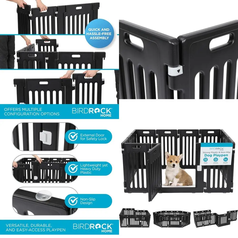 

12-панельный регулируемый манеж для собак с дверцей, высота 25,6, прочный пластик, нескользящий, подходит для домашних животных от маленьких до средних животных — черный