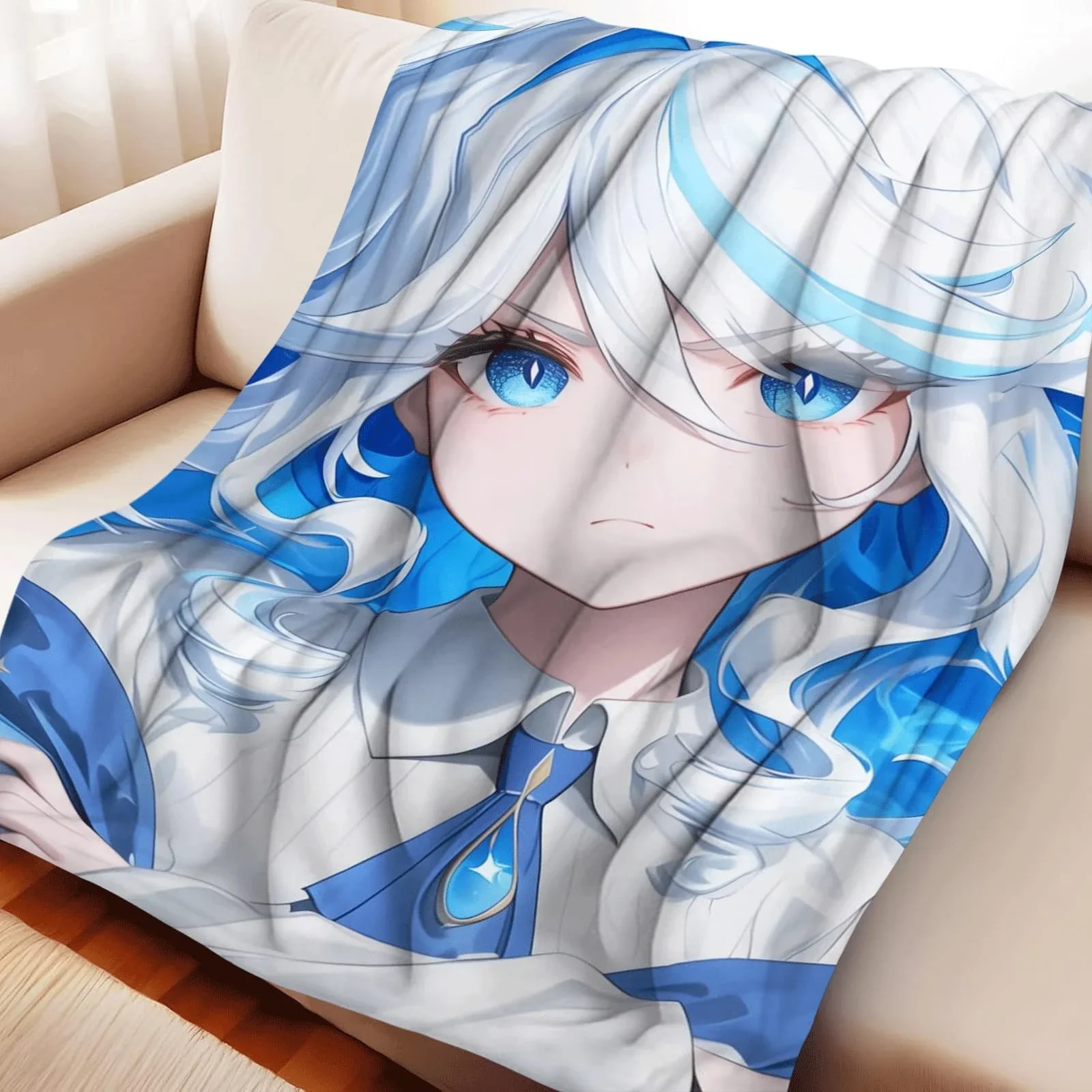 Genshin Impact Furina Flannel Throw Blanket Warm Quilt for Winter Foldable Beach Towel with Storage Bag