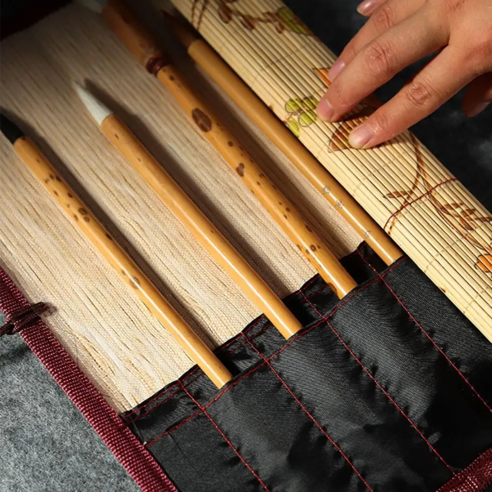 Bamboo Painting Brushes Holder Portable Large Capacity Chinese Style Calligraphy Pen Curtain Pen Case Art Supplies