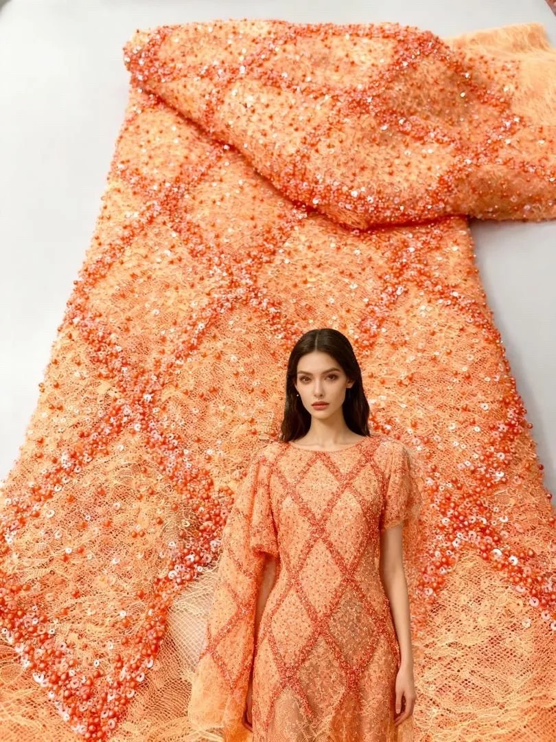 

Orange African Beads Lace Fabric Embroidered Sequins 2025 High Quality Lace Nigerian French Lace Fabric Dinner Dress Party Sew