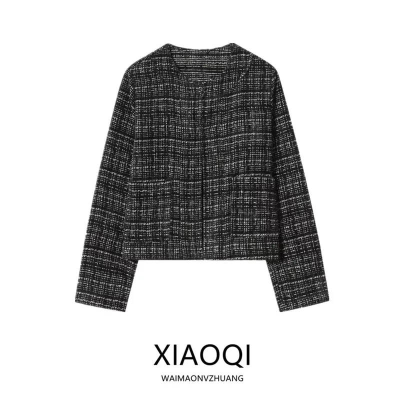 

Весенняя коллекция 2026: Женское пальто с фактурой под кожу, круглым вырезом, удлиненное, для повседневной носки, средней длины, в клетку, женская верхняя одежда