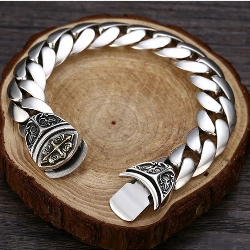 Mens Cuban Link Bracelet - Wide Hip Hop Chain with Cross Design, Vintage Gold Plated Jewelry