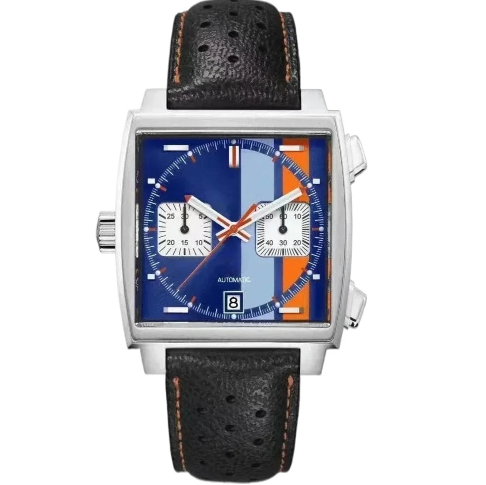 904L Stainless Steel case, for Men Quartz Chronograph Watch, VK63 Movement, Sapphire Glass, White Black Blue Leather
