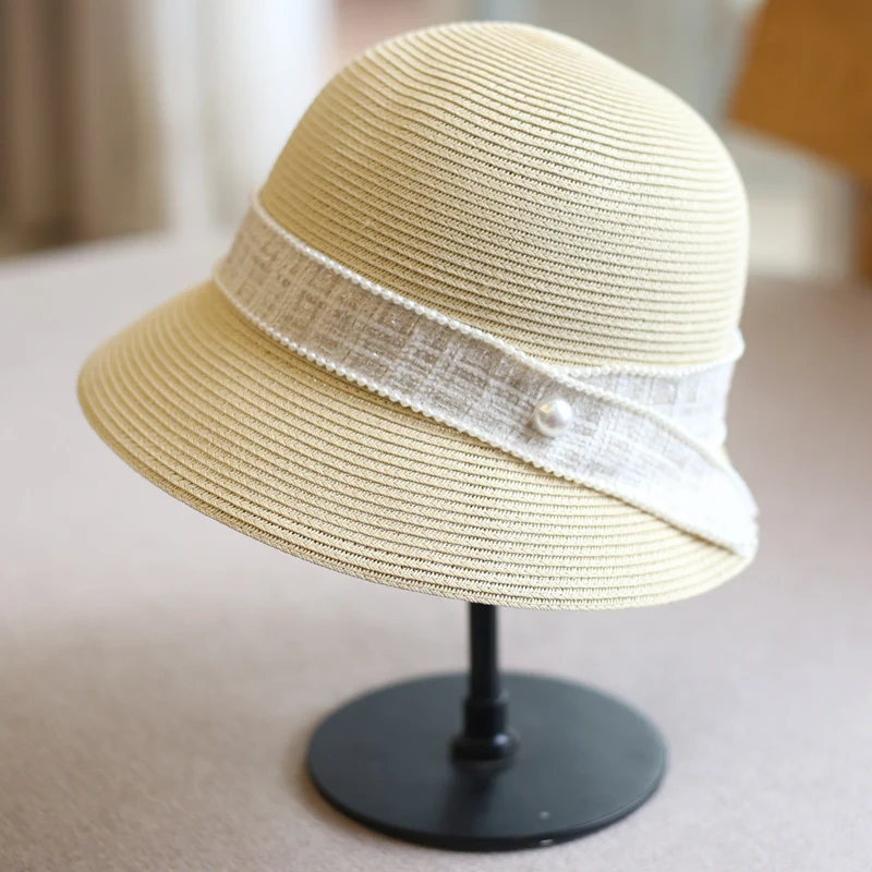 Summer Outing Women's Beach Foldable Sunshade Pearl Straw Hat