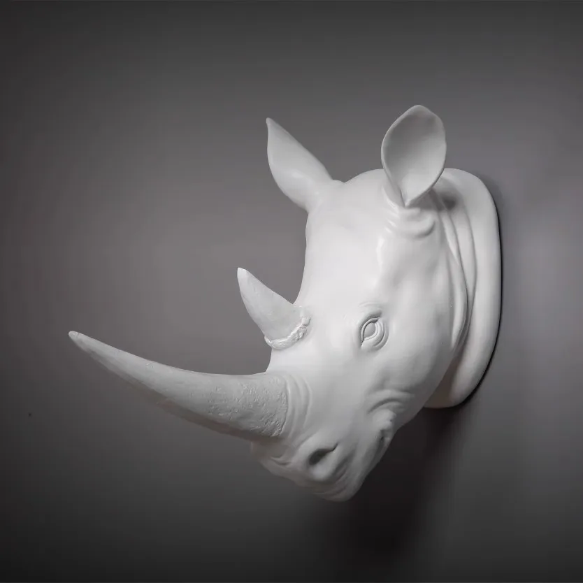 

KiWarm Resin Exotic Rhinoceros Head Ornament White Animal Statues Crafts for Home Hotel Wall Hanging Art Decoration model Gift