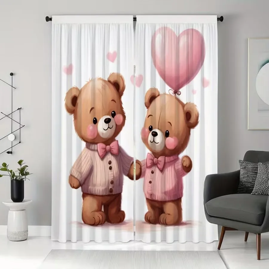 2 PCS Holding Hands Bear Curtains, Cute Healing Style Window Drapes for Living Room Bedroom Home Decor Polyester Rod Pocket