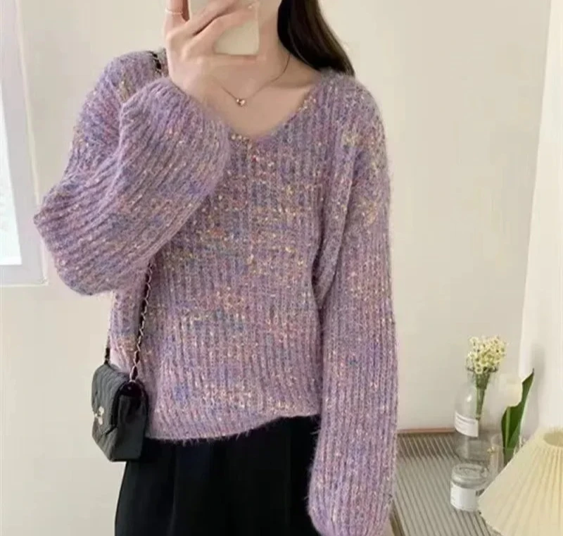 

Женский свободный вязаный свитер с v-образным вырезом, удобный осенне-зимний мягкий уютный