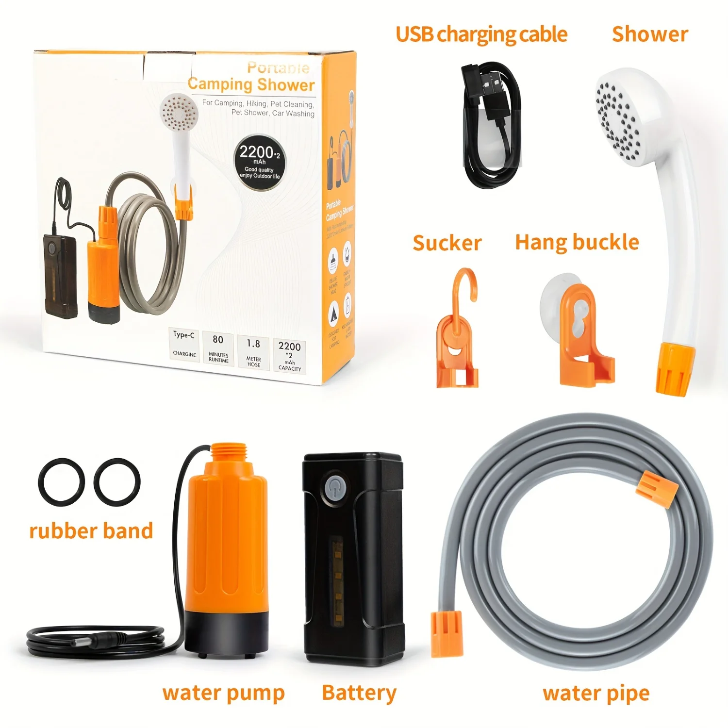 Portable Camping Shower with USB Rechargeable Batteries- Pump Water from Bucket, Ideal for Camping & Traveling