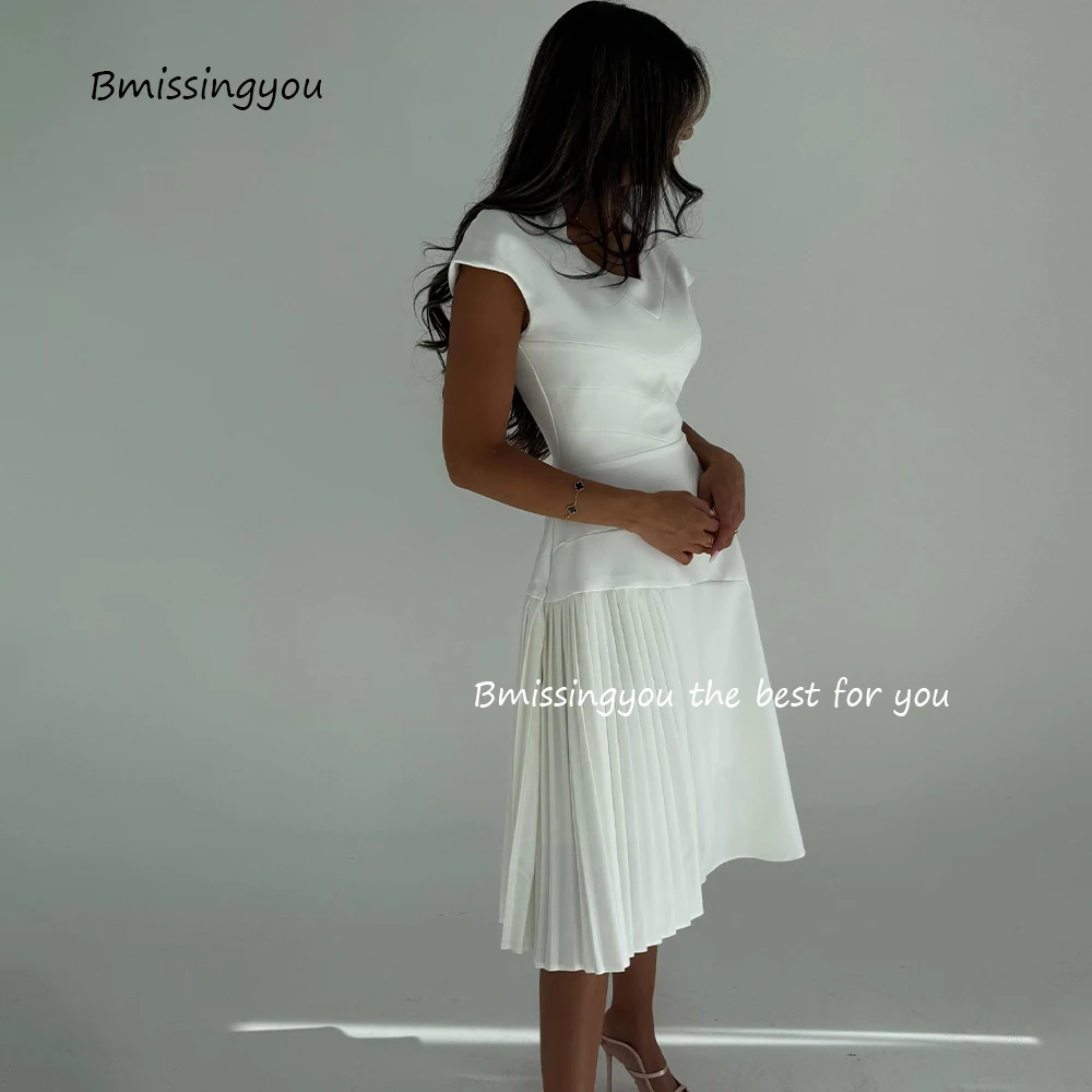 White Dubai Formal Evening Dresses Tea Length Prom Party Dress Cap Sleeve Spandex Satin Wedding Party Attire Customized