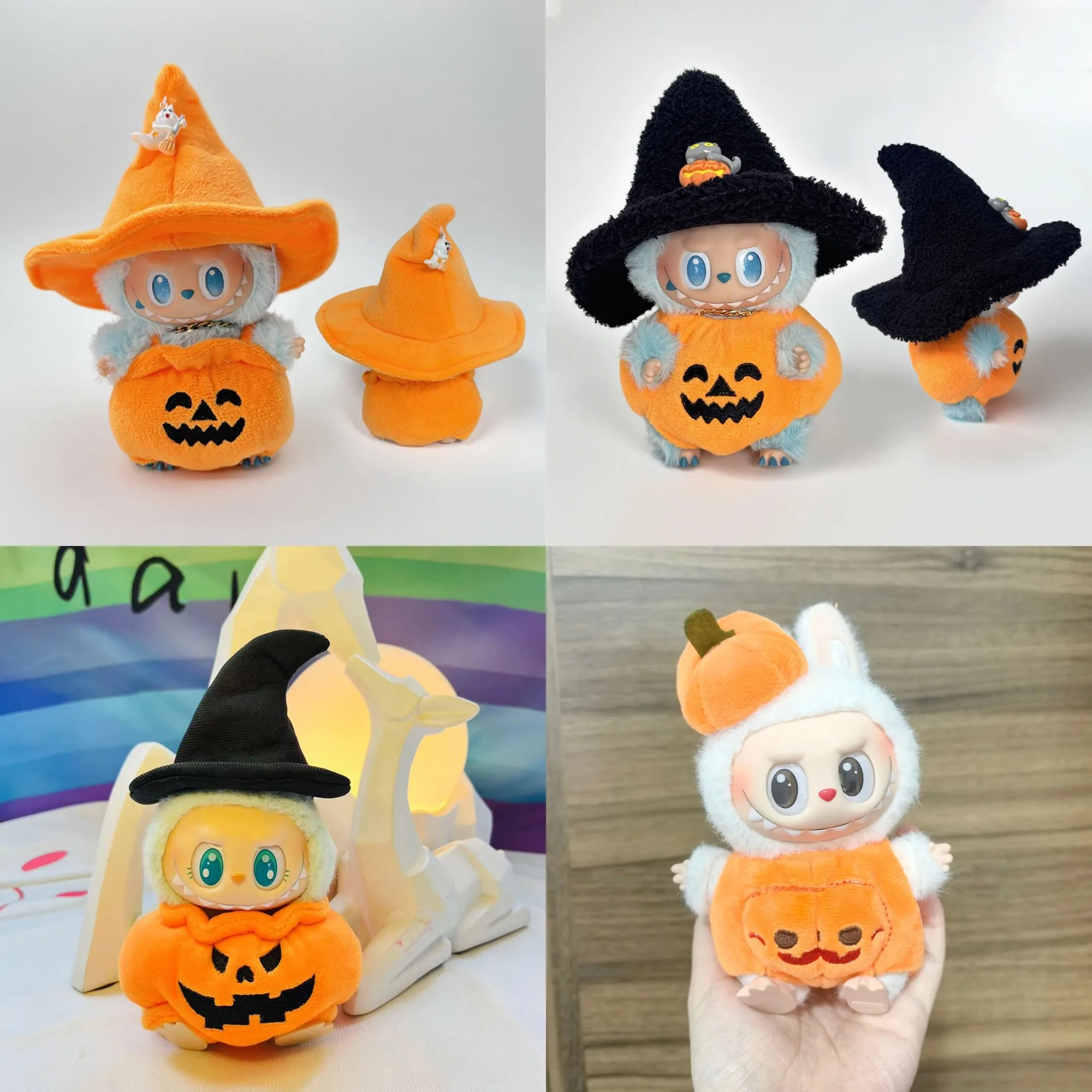

Spooky Pumpkin Labubu Clothes Set 15CM Halloween Overalls Black Hat Skull Pendant for 1st-3rd Gen Plush Hanging Decor