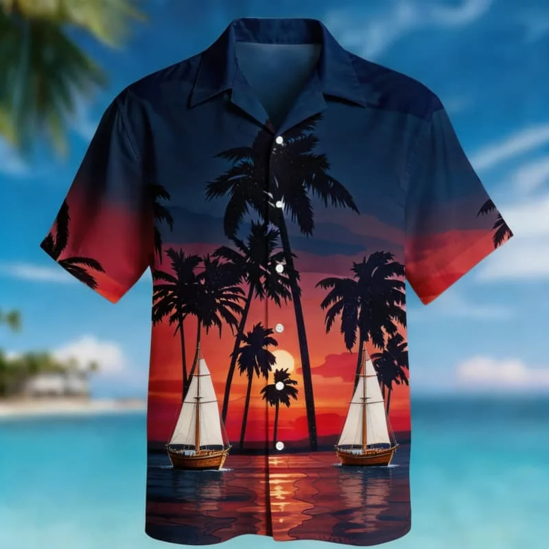 Men's Romantic Sunset Coastal Print  Shirt, Dreamy Tropical Design for Summer Fashion, Vacation Looks, Party Outfits