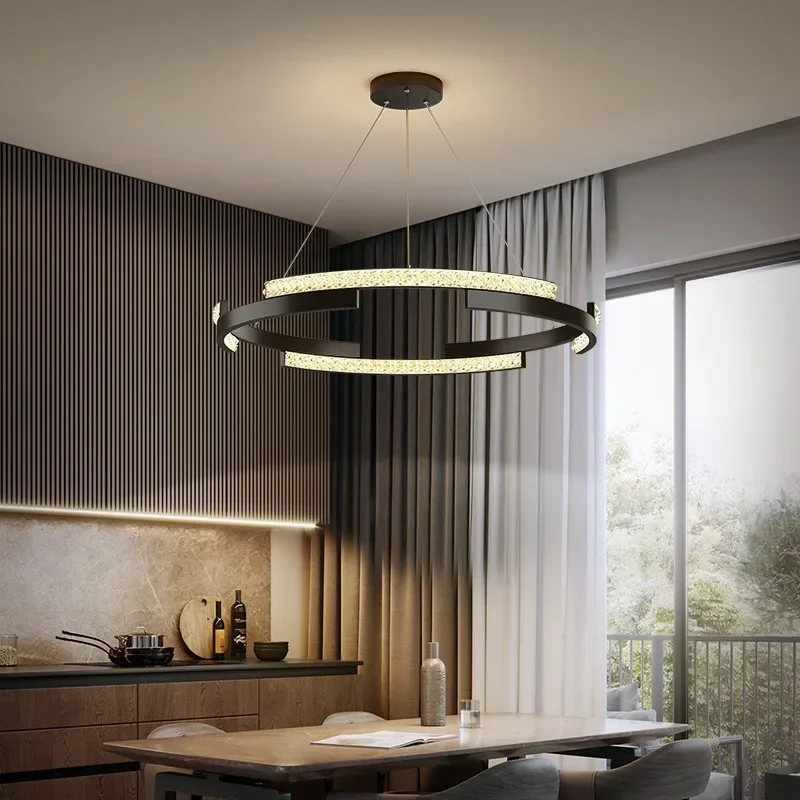 Lampade a sospensione moderne per soggiorno, sala da pranzo, cucina, anelli circolari, lampada a sospensione a soffitto nera a LED con telecomando dimmerabile
