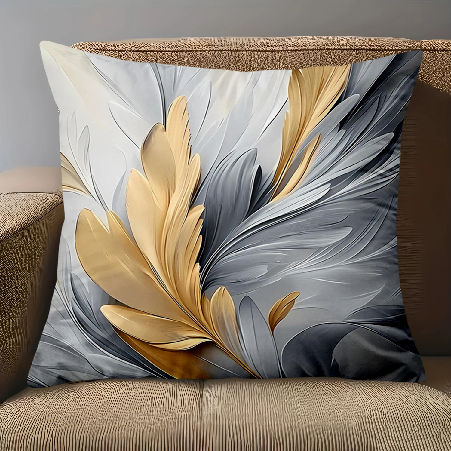 1 Pieces - 2D flat printing Gold and Gray Feather Pattern Decorative Cushions Polyester pillowcase, sofa decorative cushion cov