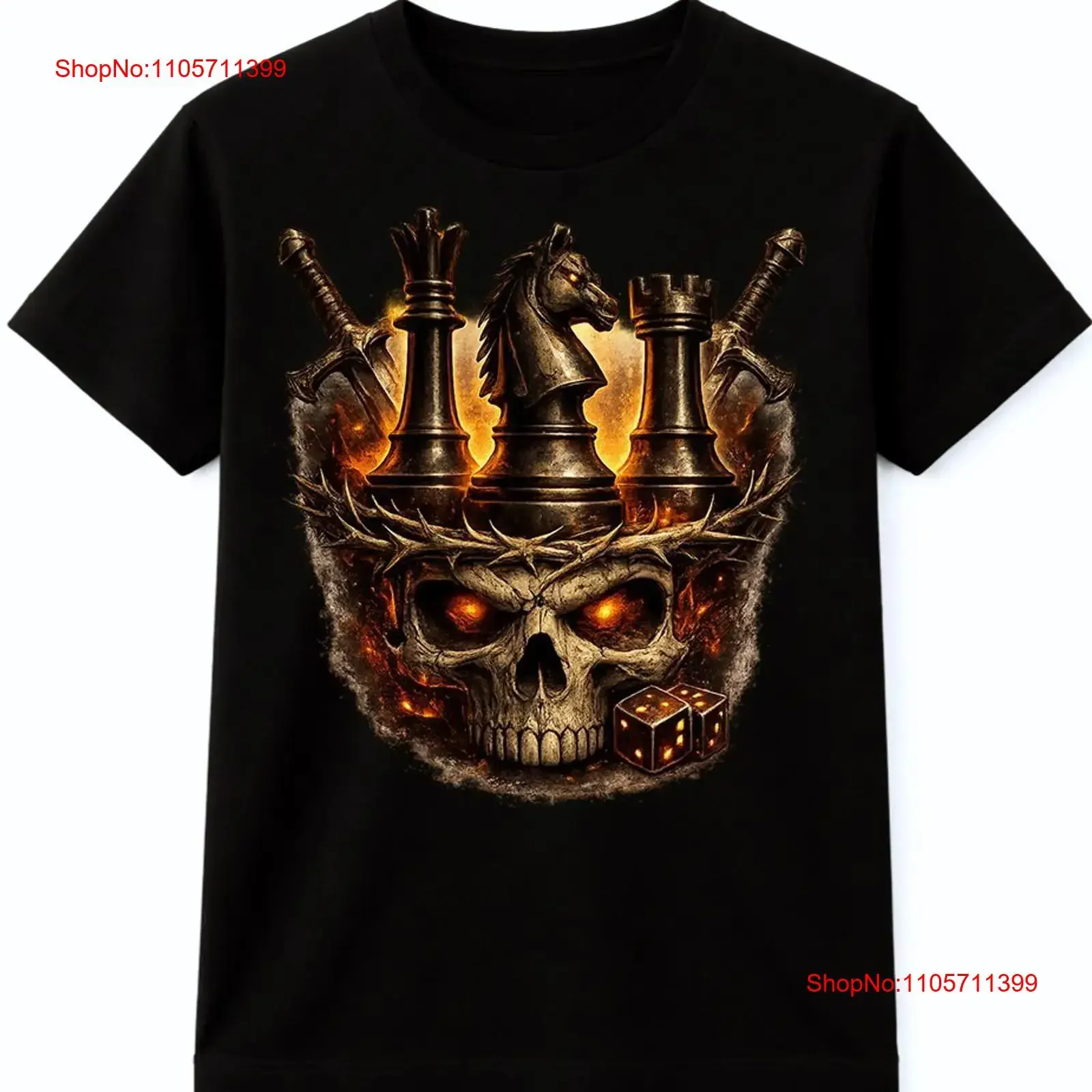 Skull Chess T Shirt King Knight Rook Dark Fantasy Strategy Design long or short sleeves vintage Washed Stretched Versatile
