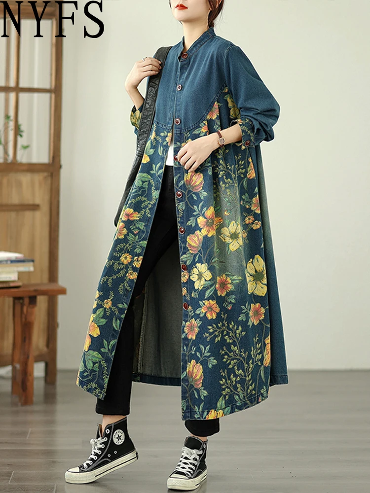 

NYFS Vintage O-Neck Print Woman Denim Coat Loose Casual large-sized mid-length Trench jacket 2025 Autumn