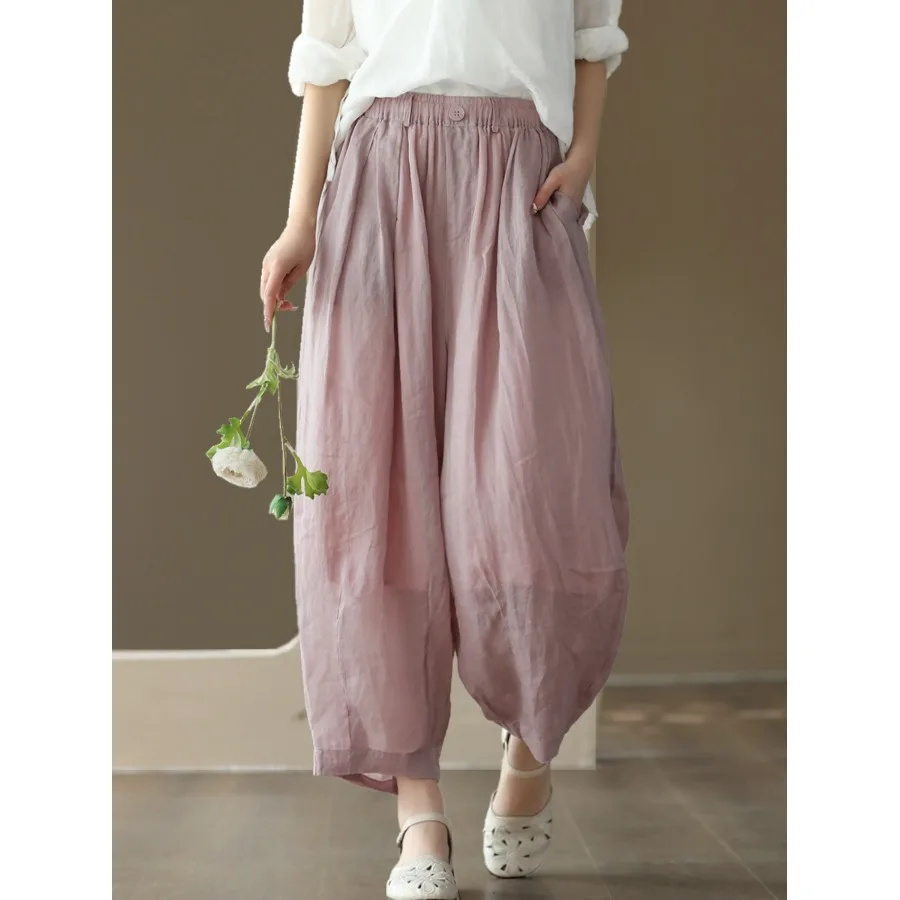 Retro Double Layered Anti-Light Lantern Pants Women's Summer Artistic Casual Slim Wide Leg Pants Draping Harem Trendy