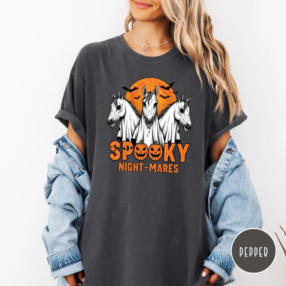 Spooky Night-Mares Halloween Horse Shirt Funny Ghost Horse Tees Cowboy Western Horror Sweatshirt Creepy Fall Riding Gift Hoodie