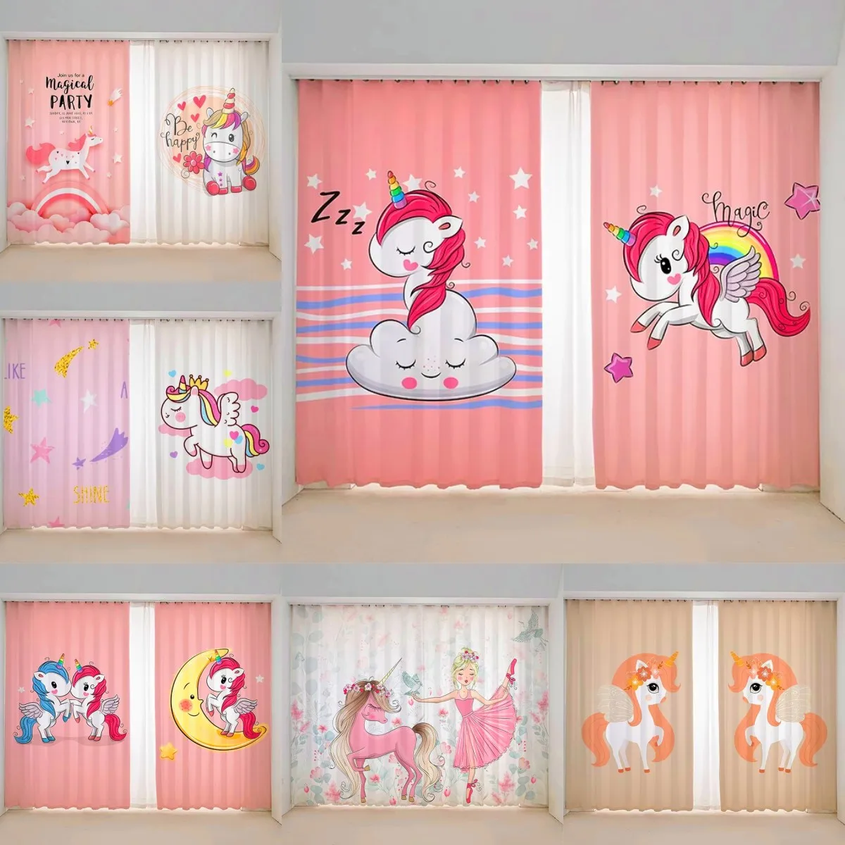 

2pc Cartoon Pink Unicorn Instagram Cute Children's Room Girls Bedroom Semi-blackout Custom Kitchen Living Room Curtain cortinas