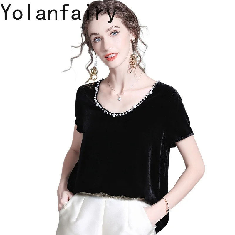YOLANFAIRY High Quality Real Mulberry Silk Velvet T Shirts Woman Autumn Short Sleeve Vintage Tee Shirt Ladies Tops Blouses 2025