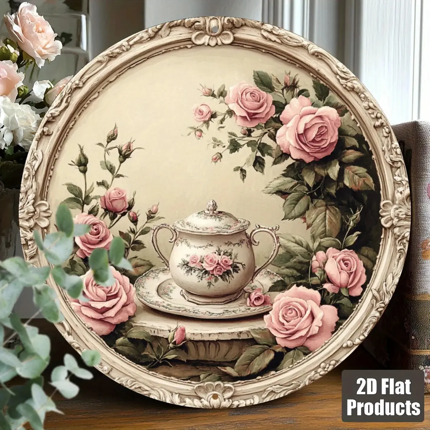 HD Tin Sign Vintage Pink Rose Teapot Round Metal Wall Art Shabby Chic Floral Home Decor