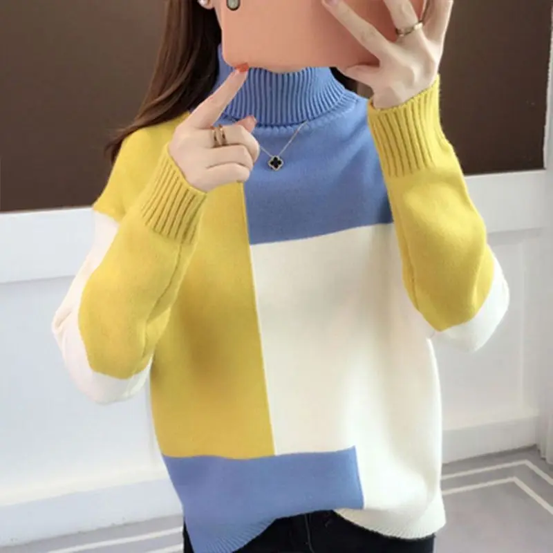New Knitting Contrast Vintage Pullovers Top Autumn Winter Long Sleeve All-match Casual Sweaters Fashion Elegant Women Clothing
