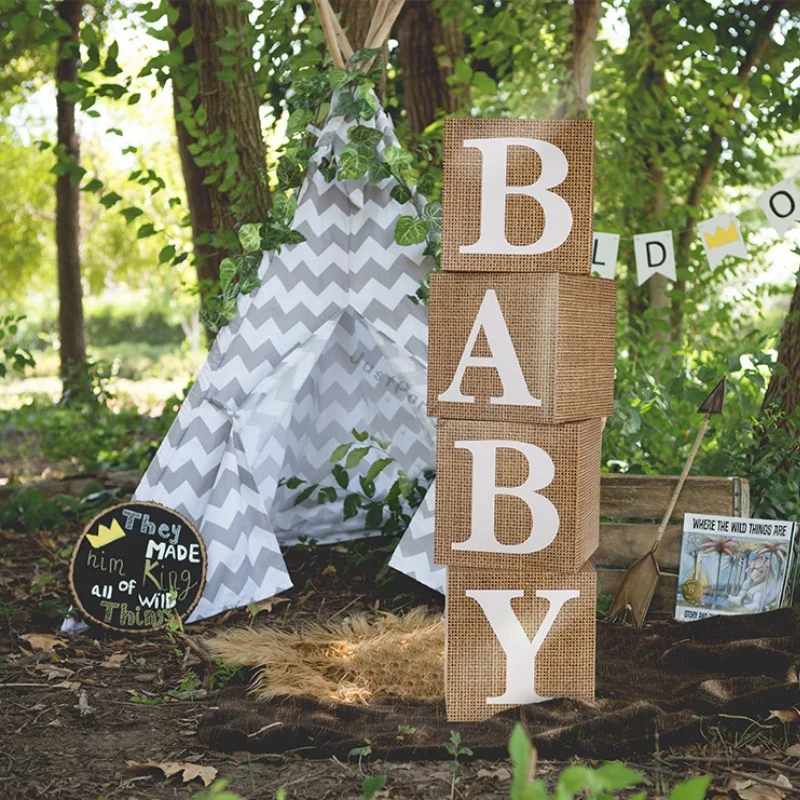 

Set of 4 BABY Letter Blocks Faux Linen Print Boxes Photo Prop Centerpiece Rustic Boho Party Decor for Baby Shower Gender Reveal