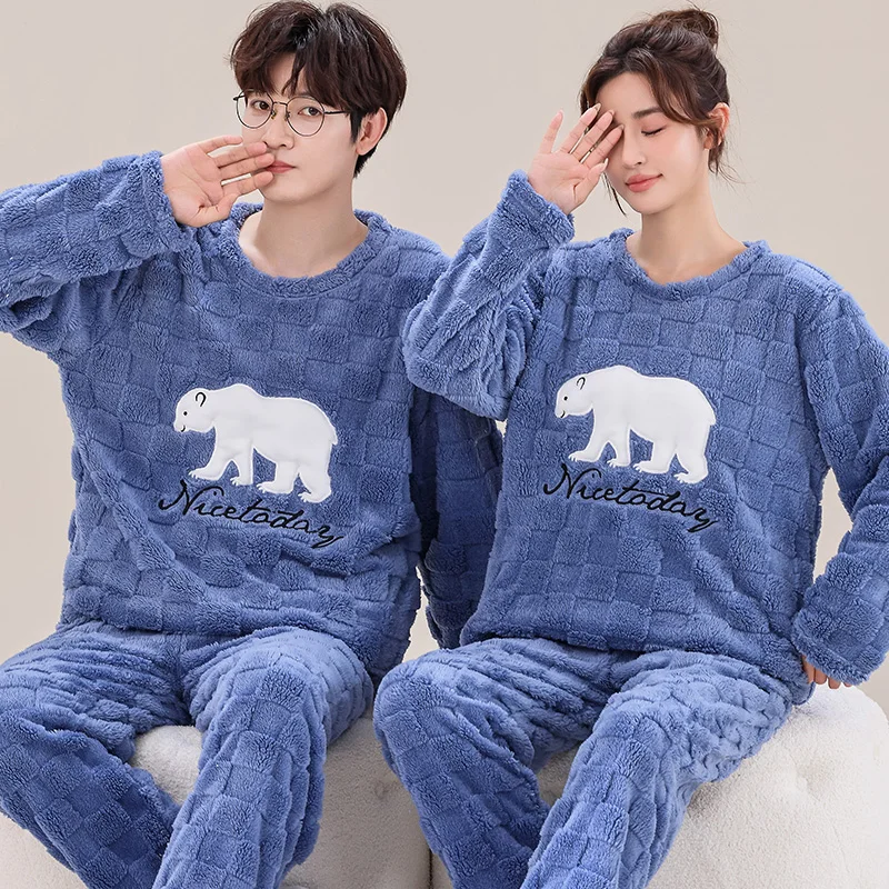 Big Size M-4XL Couple Pajama Set Winter Women and Men Warm Sleepwear Thick Flannel Pyjamas