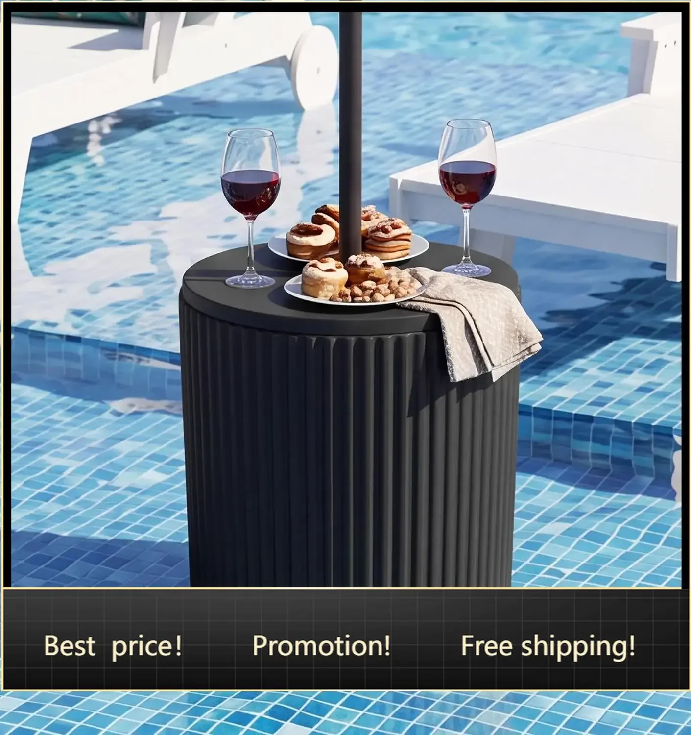 Outdoor Round Umbrella Side Table,3-in-1 Multi-Functional Use,Black