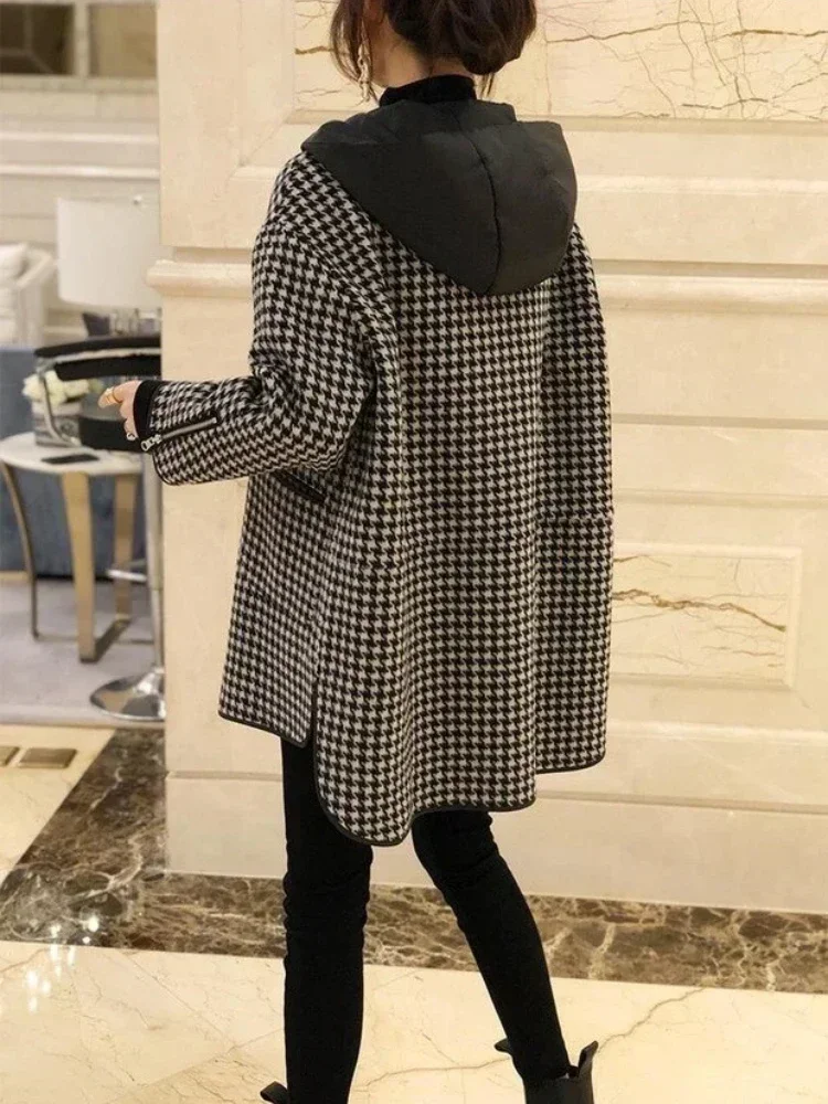 Giacche per le donne primavera autunno nuova moda coreana impiombata capispalla con cappuccio Plaid cappotto da donna sciolto abbigliamento femminile Casual