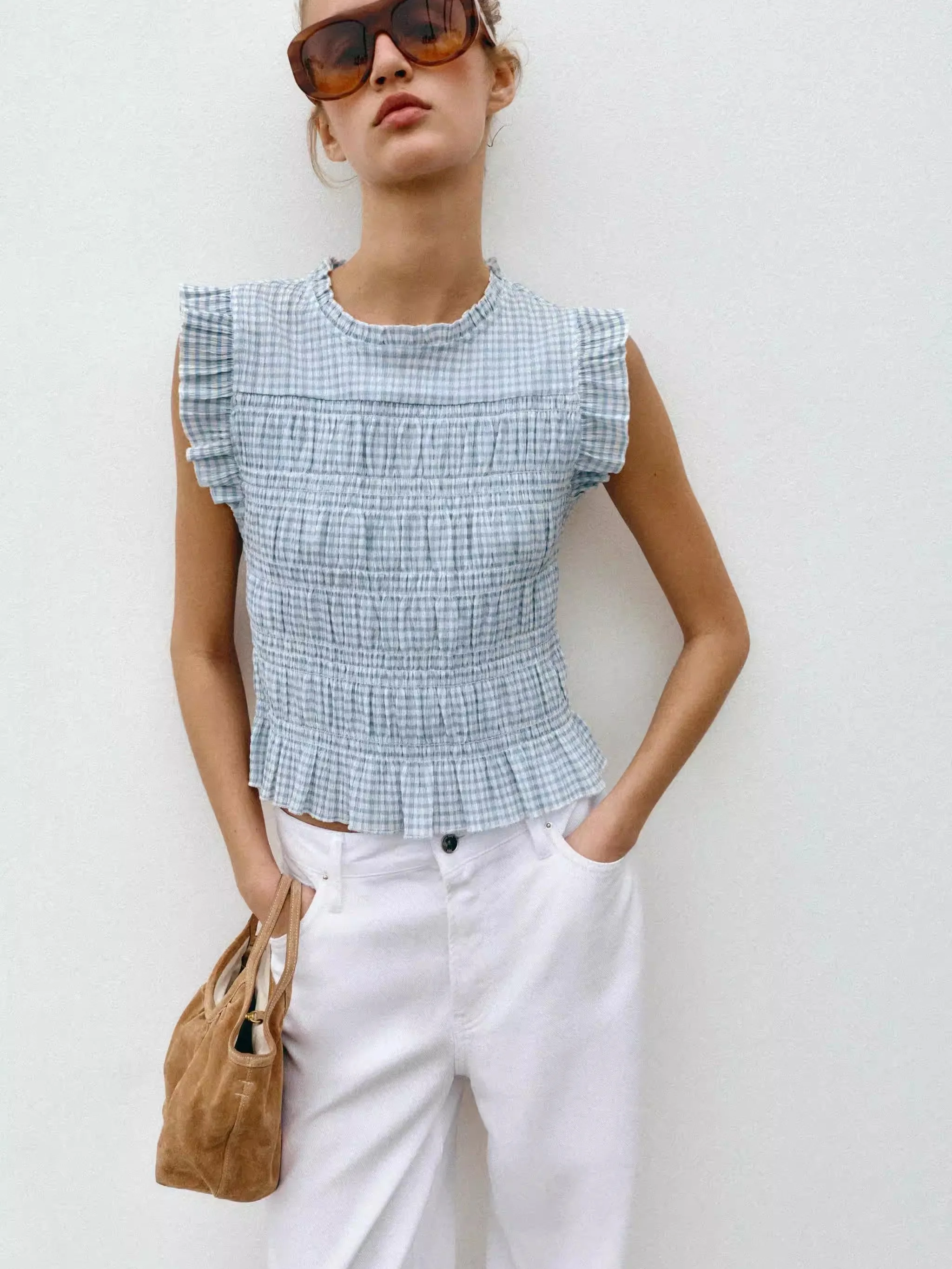 

New Summer Women's Clothing Small Grid Pattern Honeycomb Top Ethnic Stage Costume 25-35 Years Old Customers 2026 Summer