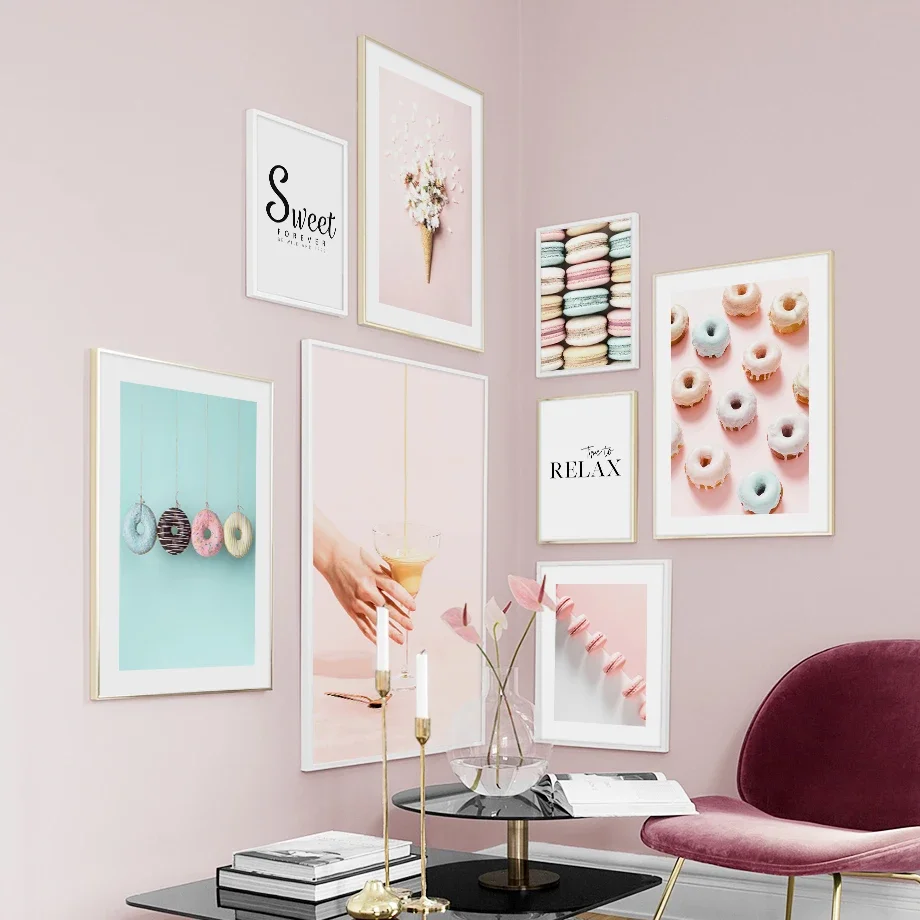 Pink Sweet Wall Art Mural Prints Donut Macaron Cocktail Flower Posters Minimalist Home Decor for Bedroom Living Room Cafe Bak