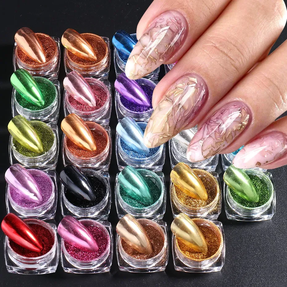 

23 pieces Y2K metal chrome nail powder with brush set magic mirror effect glitter friction pigment dust sequin nail art decorati