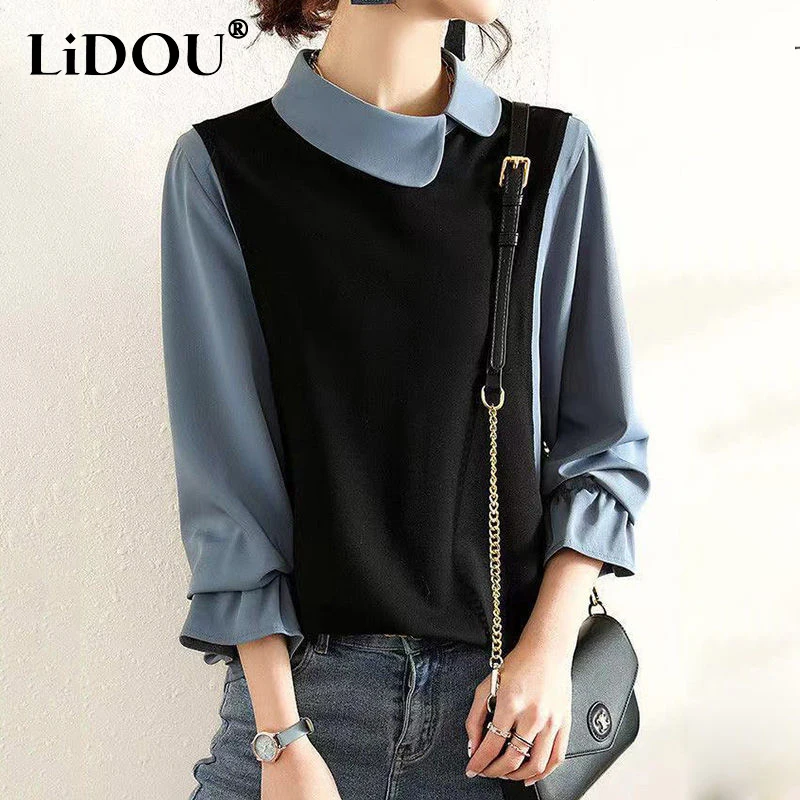 Spring Autumn Korean Style Doll Collar Office Lady Fake Two Piece Elegant Pullover Top Women Long Sleeve Slim Wild Blouse Shirt