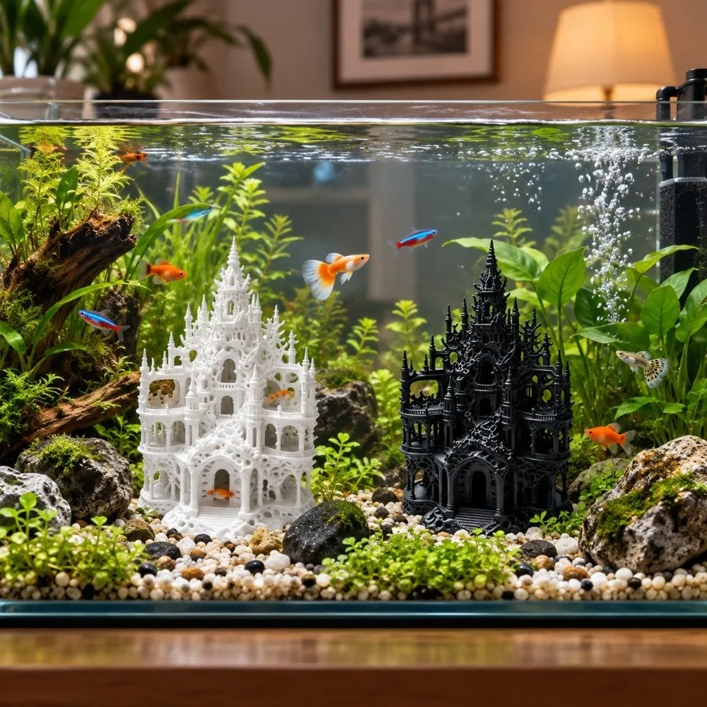 3D Printed Aquarium Castle Ornament Gothic Style Hollowed-out Fish Hiding House Breathable Natural Look Fake Castle Figurine
